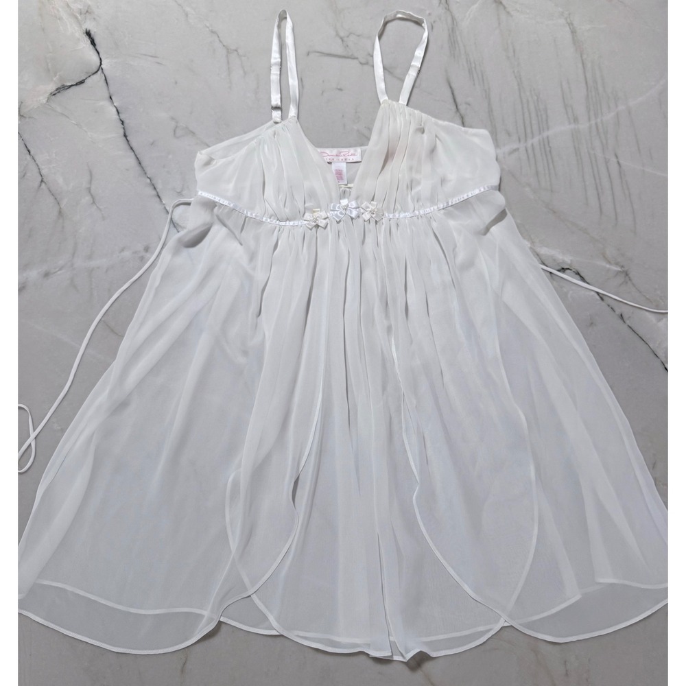 Oscar de la Renta Pink Label White Sheer Babydoll Lingerie Set with Robe Lg #179 - Picture 3 of 15